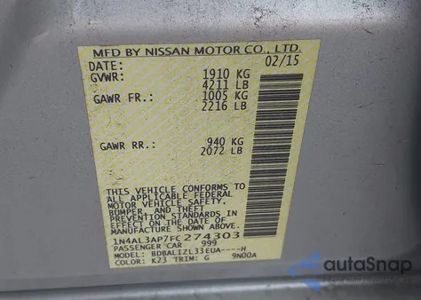 2015 Nissan Altima 2.5 Sv из США, поврежденный, VIN 1N4AL3AP7FC274303